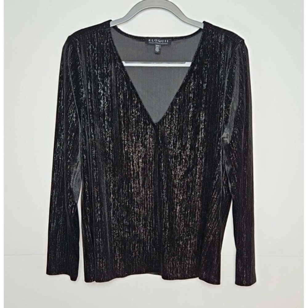 Eloquii‎ Womens Black Metallic V Neck Long Sleeve Blouse Size 18 / 20